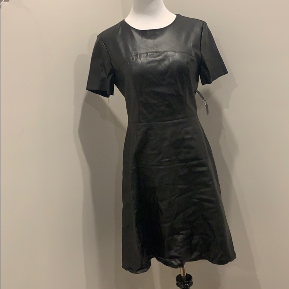 Black faux leather short sleeve dress